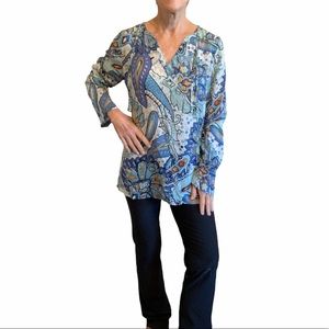 🔴SOLD🔴 i.e. Blue Floral Silk Tunic Blouse Sz XLP